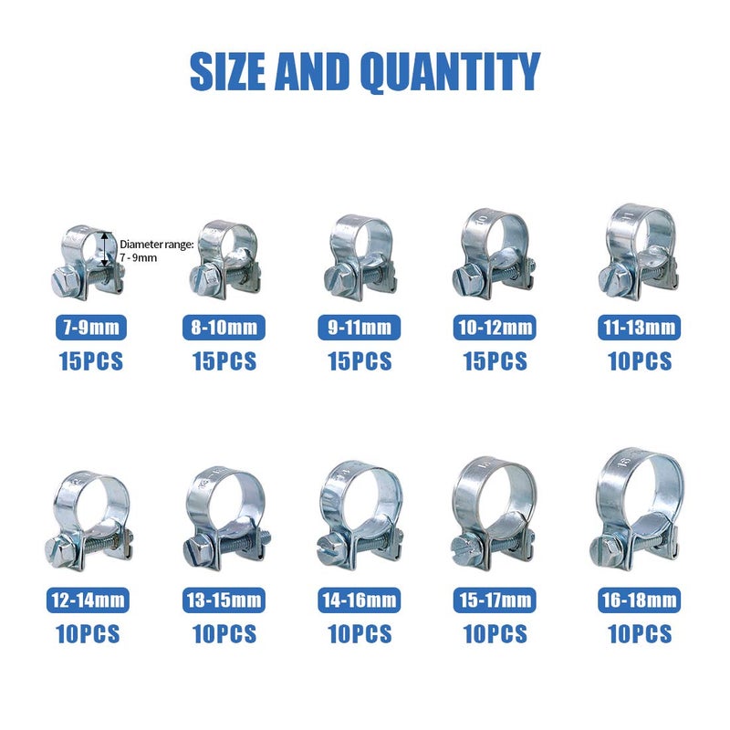 Glarks 120Pcs 10 Size Mini Fuel Injection Style Hose Clamp Assortment Kit For Diesel Petrol Pipe - Image 2